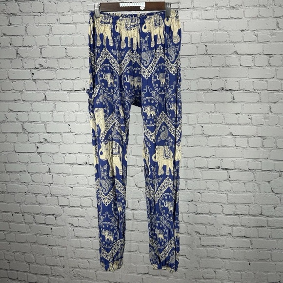 Earthbound Blue and Cream Elephant Print Pants - Picture 1 of 6